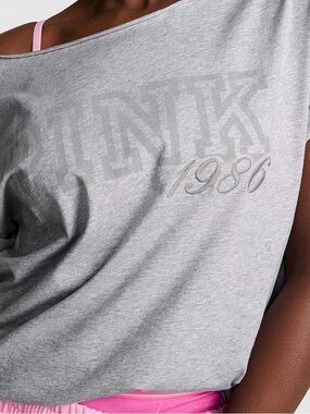 PINK Victoria's Secret Gray Logo Off-Shoulder Short Sleeve Tee with Pink Trim